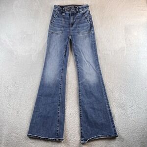 American Eagle Super High Rise Flare Jeans Women's 000 Reg Blue Medium Wash Boho